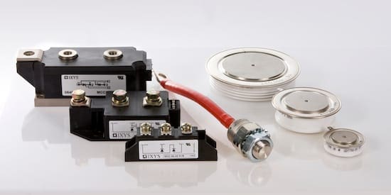 Semiconductor image of diode modules, stud and capsule puk thyristors on a white background